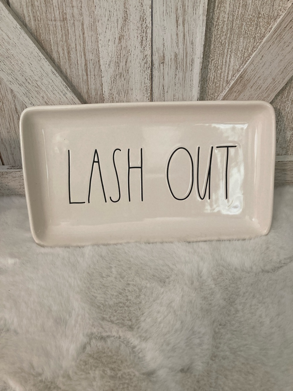 Rae Dunn Ceramic Tray with Black "LASH OUT" Lettering